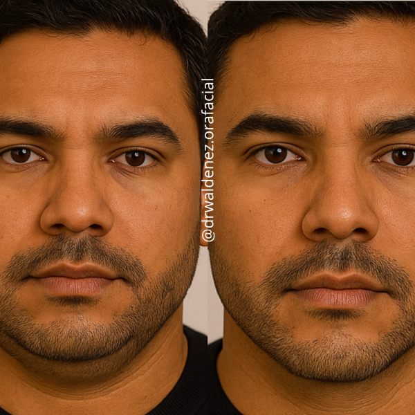 Foto do antes e depois de uma paciente que realizou aplicação de enzina para quebra de gordura facial com o Dr Waldenez