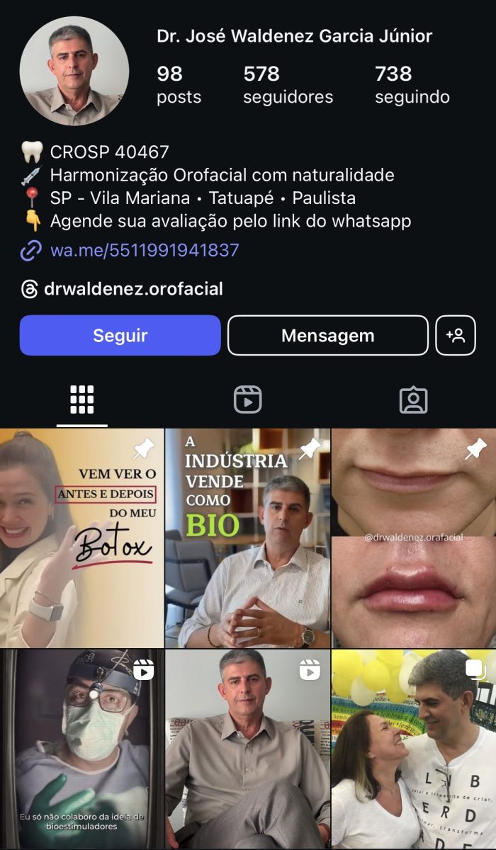 Print de uma parte dos conteúdos que possuem no perfil do instagram do Dr Waldenez